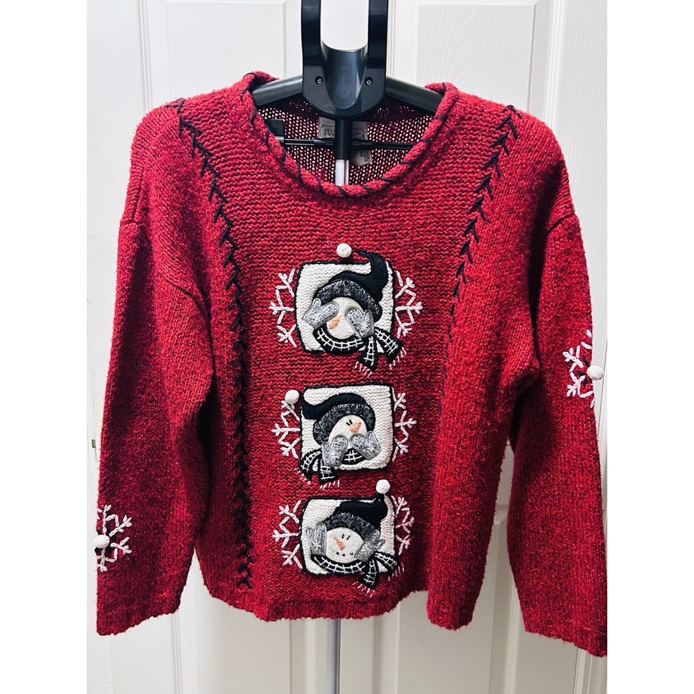 Christmas Sweater M Vintage Mandal Bay Snowmen, Snowflakes, Silver Threading -
